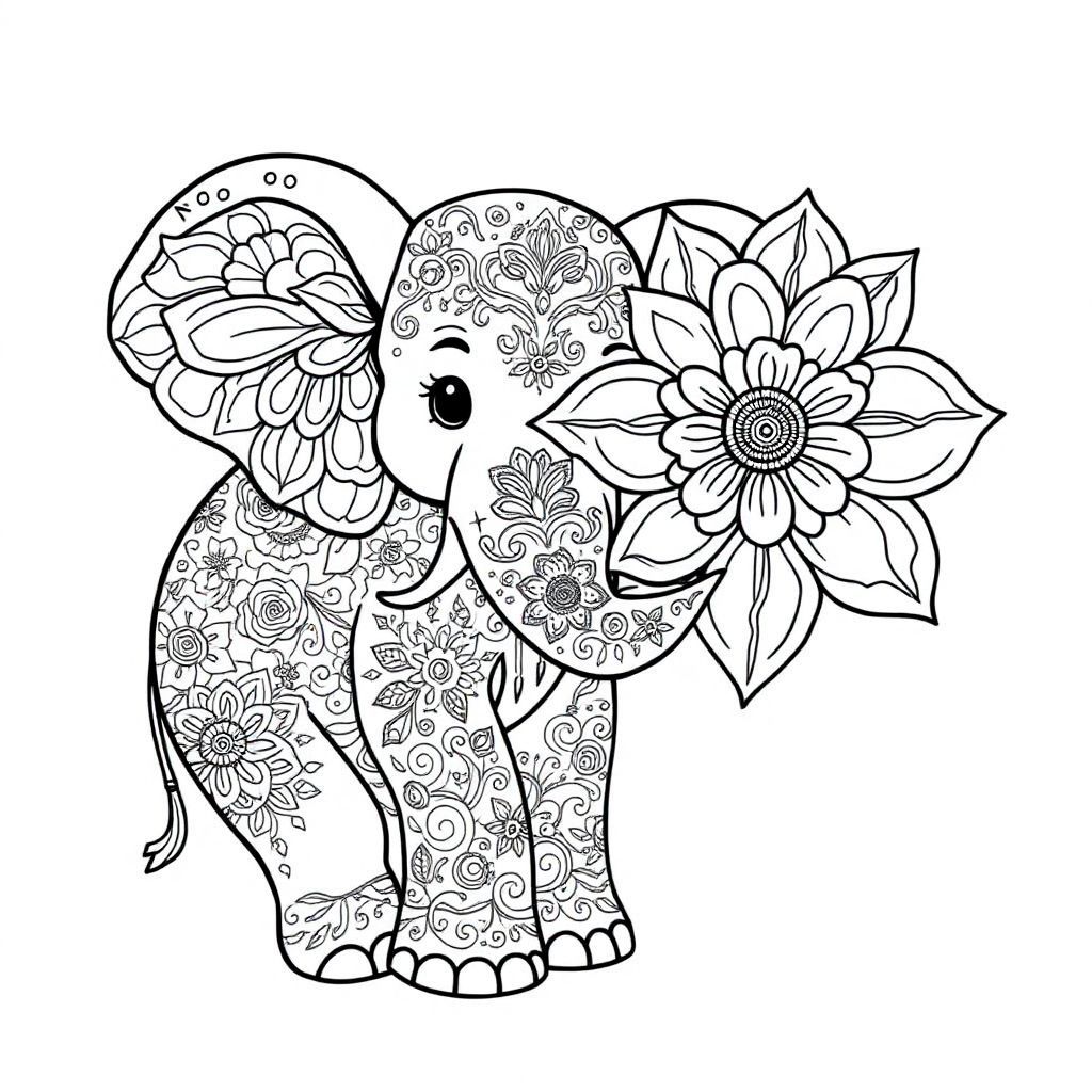 A whimsical elephant with intricate henna-like patterns on its body, holding a large flower with equally detailed designs.