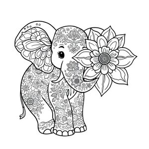 A whimsical elephant with intricate henna-like patterns on its body, holding a large flower with equally detailed designs.