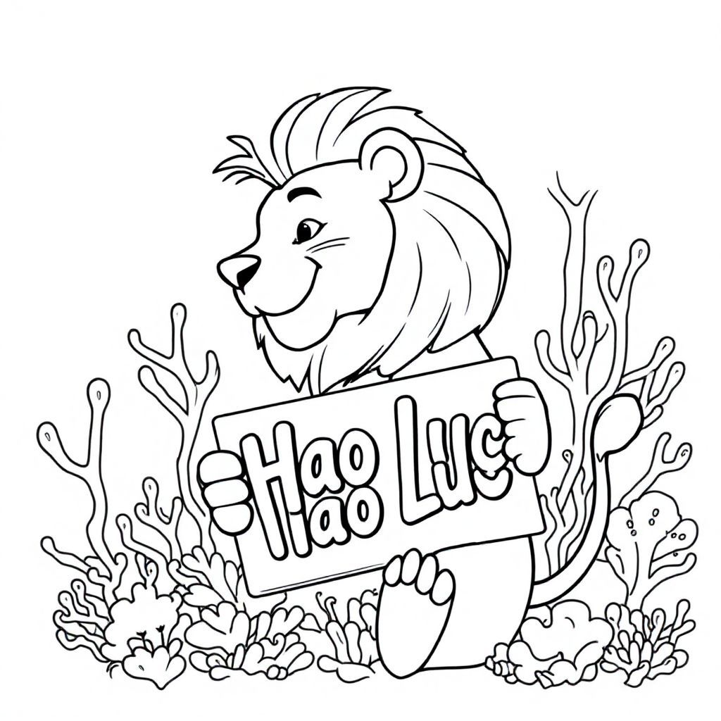A profile view of a friendly lion, holding a sign with "Hao Luc" written in white bubble letters, in profile, in a underwater coral reef kingdom, surrealist style