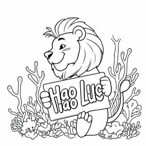 A profile view of a friendly lion, holding a sign with "Hao Luc" written in white bubble letters, in profile, in a underwater coral reef kingdom, surrealist style