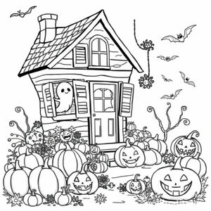 A whimsical haunted house with crooked shutters, a playful ghost peeking out the window, and a friendly spider dangling from a web, surrounded by a garden of pumpkins, bats, and grinning jack-o'-lanterns.