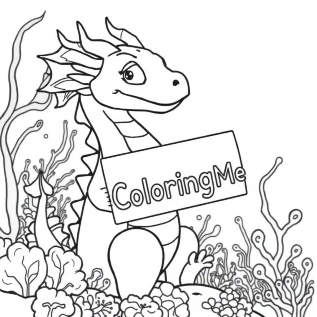 A profile view of a friendly dragon, holding a sign with "ColoringMe" written in white bubble letters, in profile, in a underwater coral reef kingdom, surrealist style