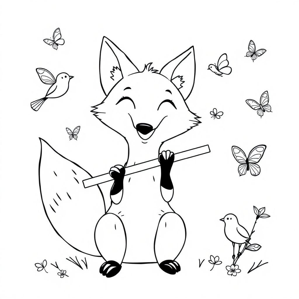 A friendly fox playing a flute, surrounded by curious birds and butterflies
