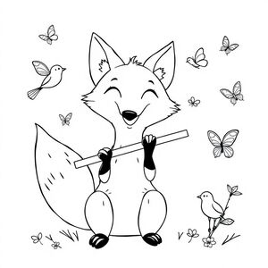 A friendly fox playing a flute, surrounded by curious birds and butterflies