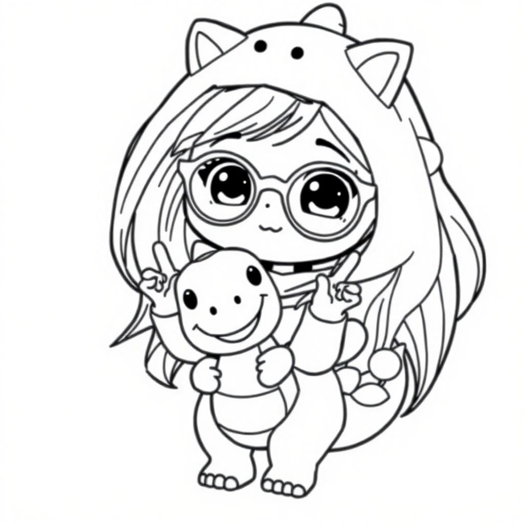 hoạt hình, nền trắng, chibi, một cô gái trẻ, mắt đen, tóc đen dài, đeo kính hình mèo, mặc trang phục khủng long, cầm một con khủng long cười nhồi bông, làm một trái tim ngón tay, toàn thân