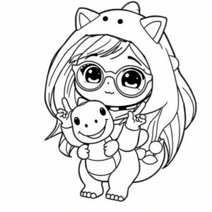 hoạt hình, nền trắng, chibi, một cô gái trẻ, mắt đen, tóc đen dài, đeo kính hình mèo, mặc trang phục khủng long, cầm một con khủng long cười nhồi bông, làm một trái tim ngón tay, toàn thân