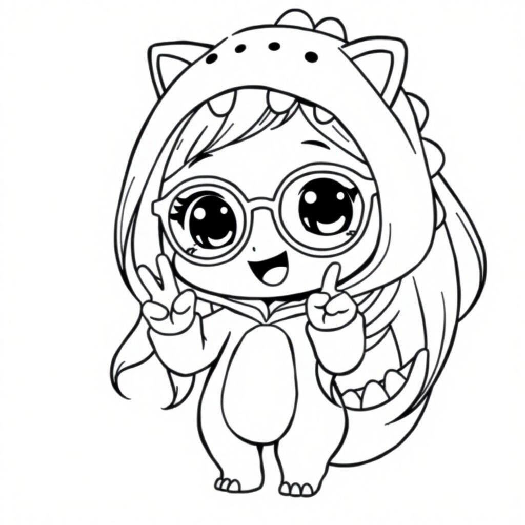 animation, white background, chibi, a little young girl, black eyes, long black hair, wearing cat-shaped glasses, wearing a dinosaur costume, doing a finger heart, full body