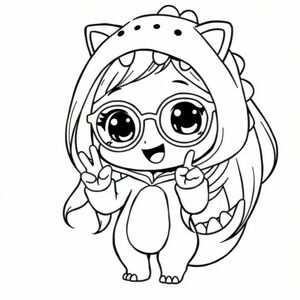 animation, white background, chibi, a little young girl, black eyes, long black hair, wearing cat-shaped glasses, wearing a dinosaur costume, doing a finger heart, full body