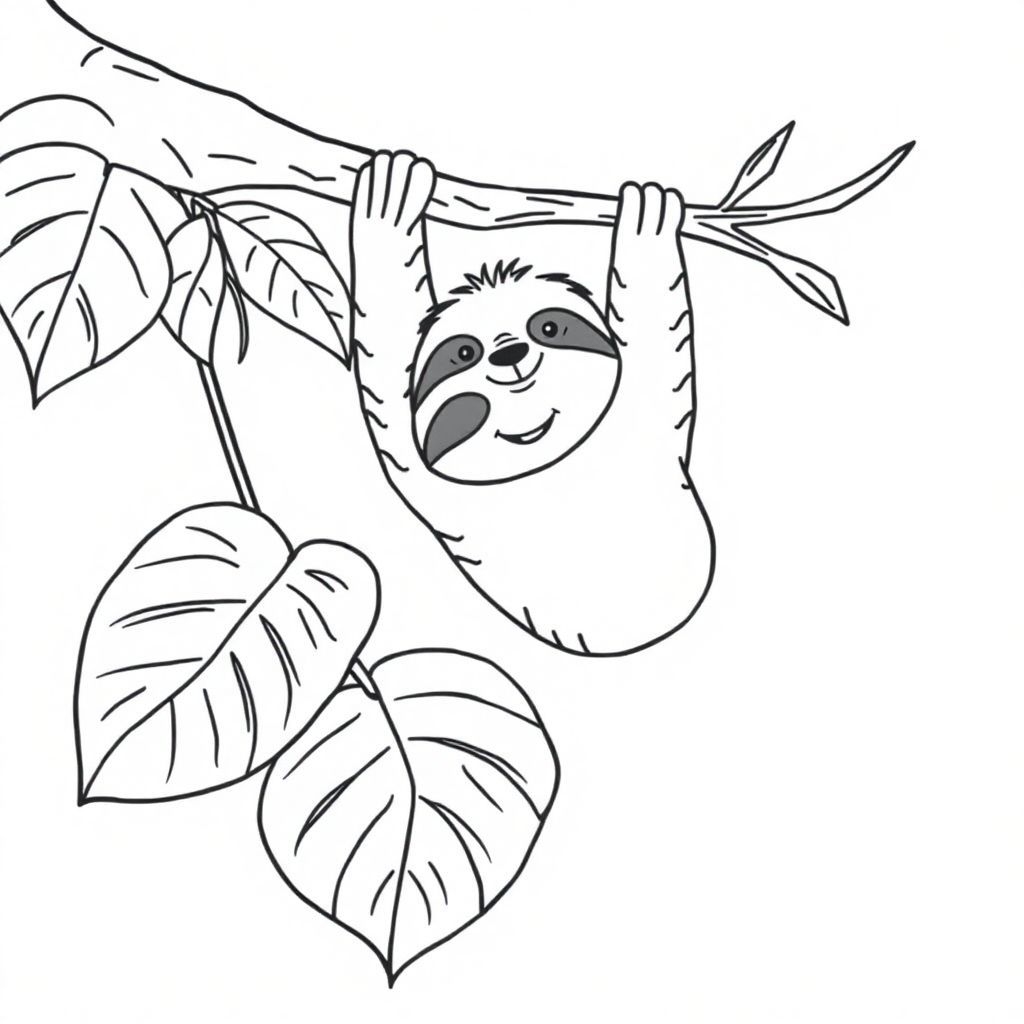 A happy sloth hanging from a branch, surrounded by large, simple leaves
