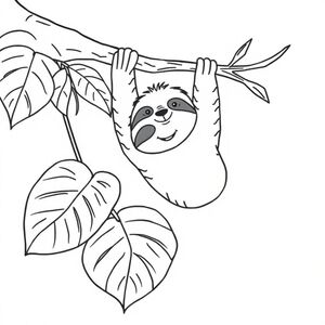 A happy sloth hanging from a branch, surrounded by large, simple leaves