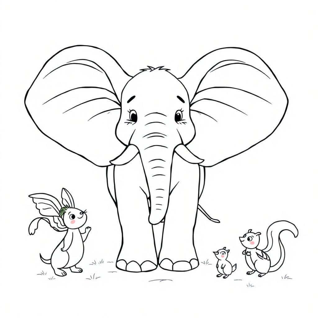 A friendly elephant with a large blanket spread out like wings, inviting small animals to climb aboard for a magical ride