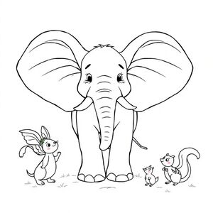 A friendly elephant with a large blanket spread out like wings, inviting small animals to climb aboard for a magical ride
