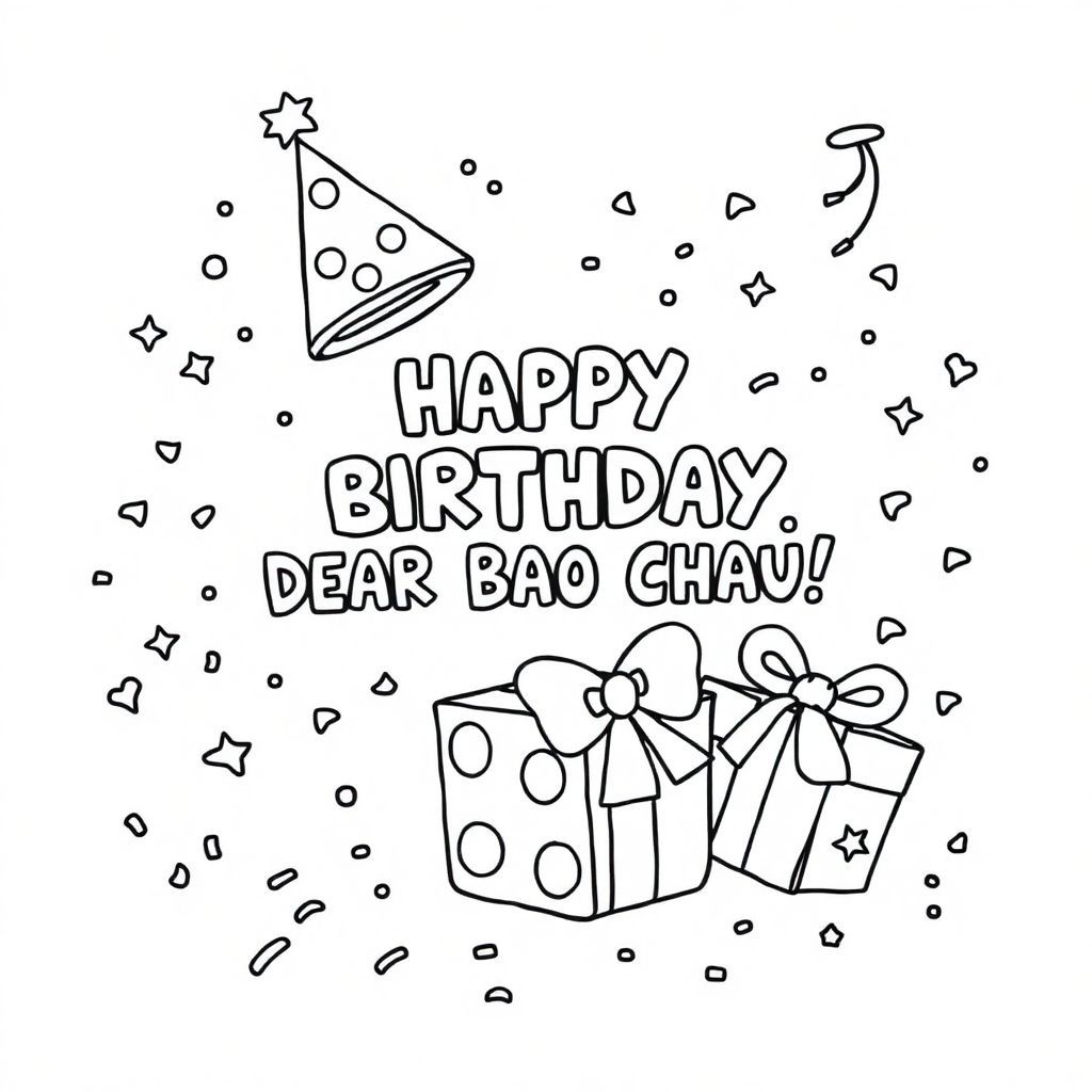 HAPPY BIRTHDAY, DEAR BAO CHAU!”, a birthday hat, a birthday gift, confetti