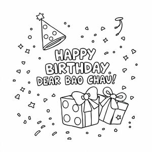 HAPPY BIRTHDAY, DEAR BAO CHAU!”, a birthday hat, a birthday gift, confetti