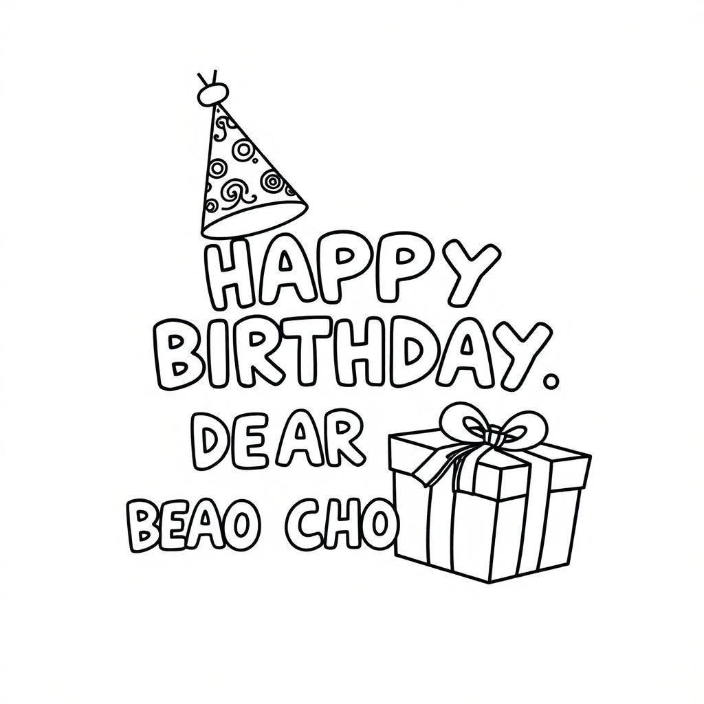 CHÚC MỪNG SINH NHẬT, BẢO CHÂU THÂN MẾN!", một chiếc mũ sinh nhật, một món quà sinh nhật
