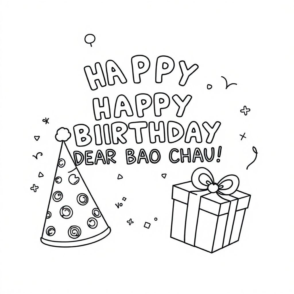 “HAPPY BIRTHDAY, DEAR BAO CHAU!”, a birthday hat, a birthday  present