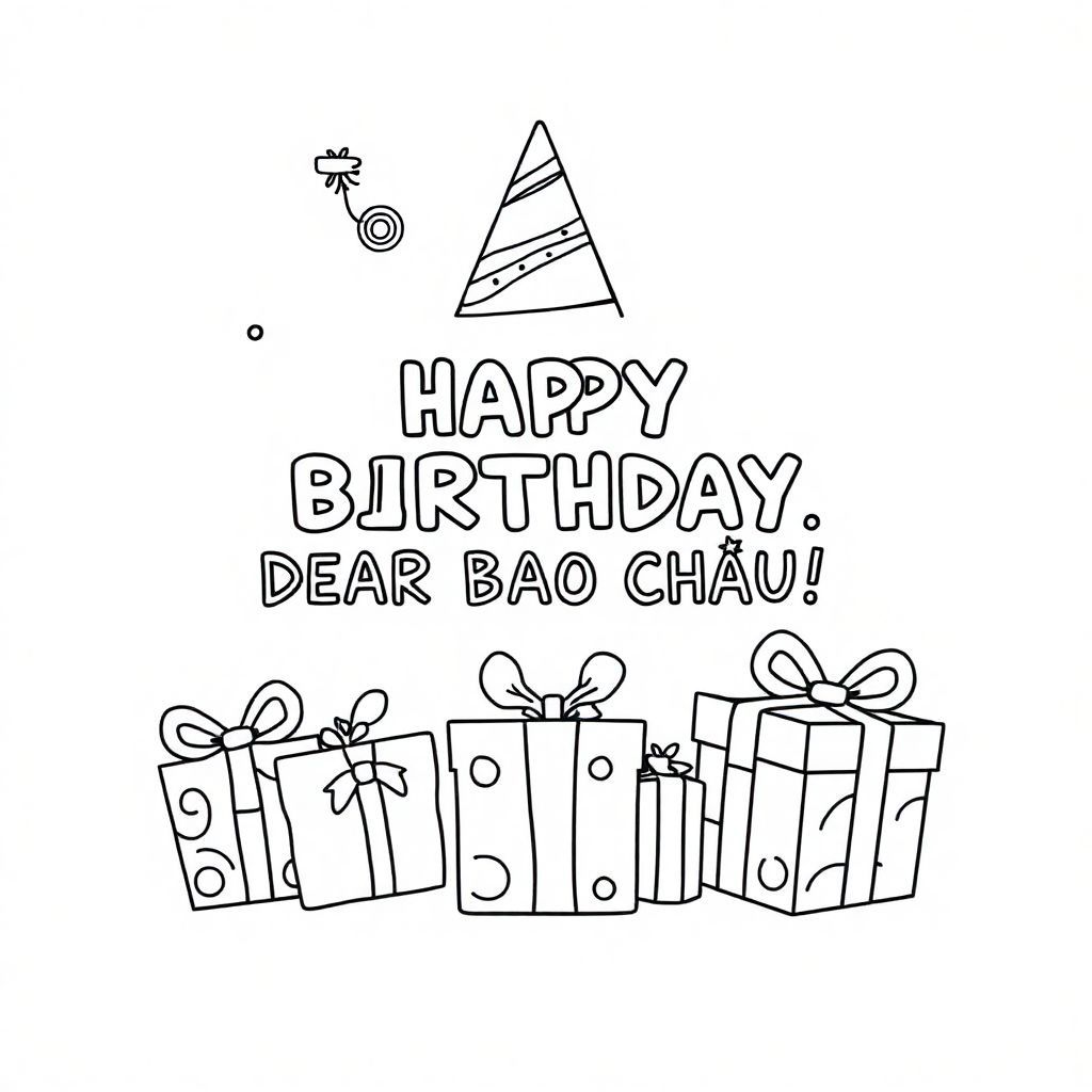HAPPY BIRTHDAY, DEAR BAO CHAU!”, a birthday hat, birthday presents 
