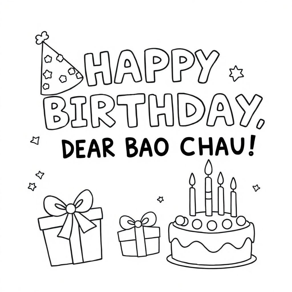 HAPPY BIRTHDAY, DEAR BAO CHAU!”, a birthday hat, a birthday gift, a birthday cake 