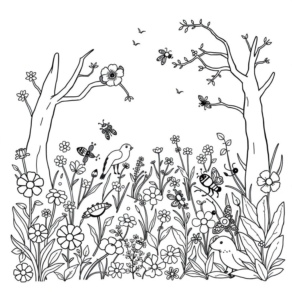 a forest of flowers, insects. animals