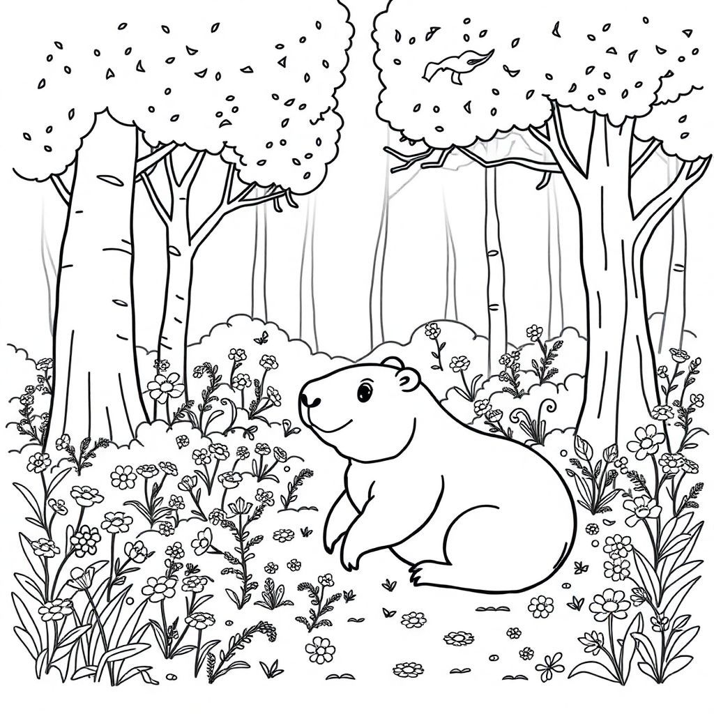 a forest. with big trees. flowers. small animals. and a cappybara