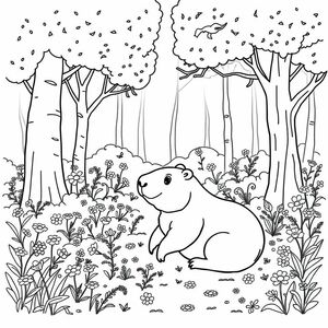 a forest. with big trees. flowers. small animals. and a cappybara