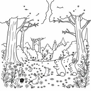 a forest. there are big trees. flowers. small animals. and there are cappyparas playing