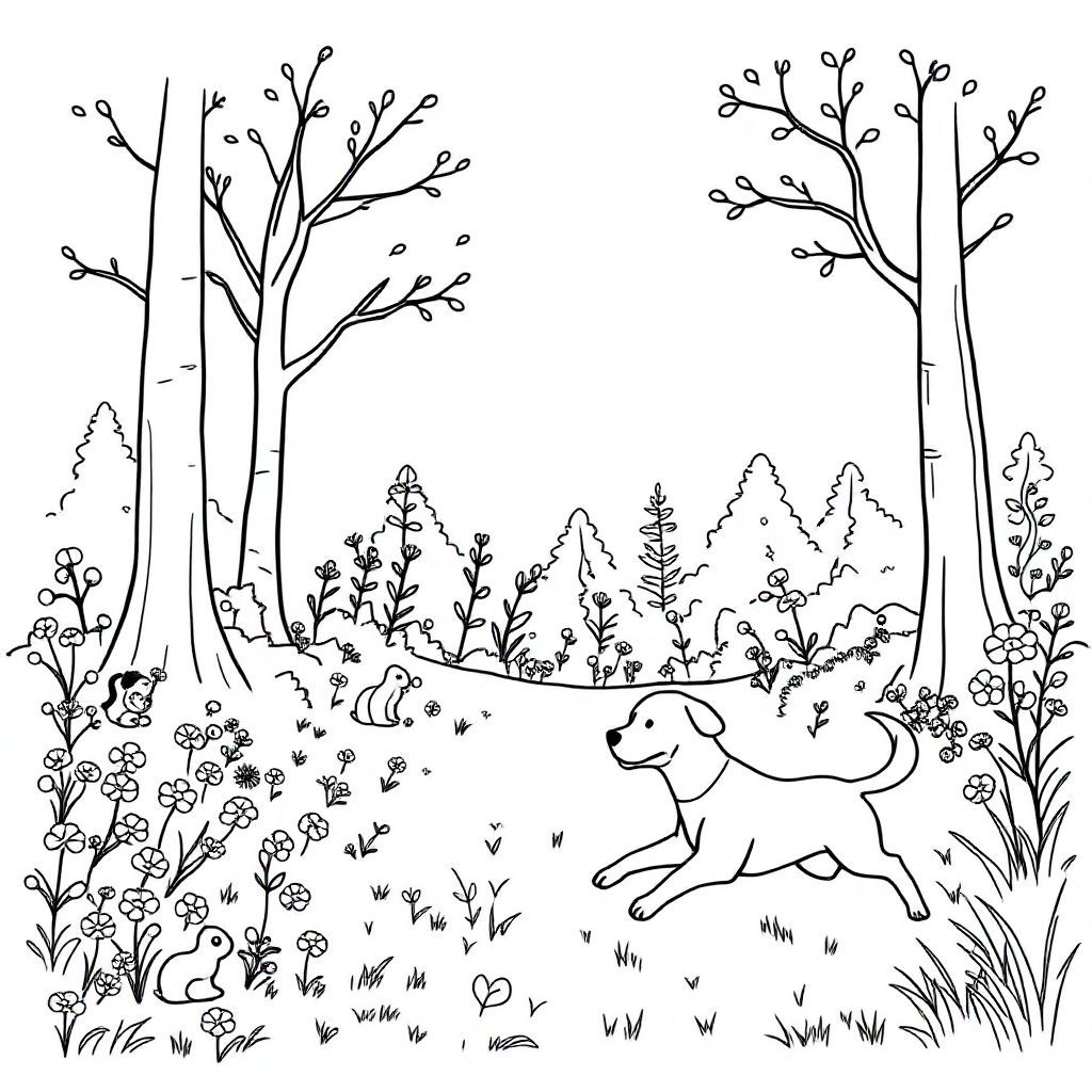 a forest. there are big trees. flowers. small animals. and there are labrubus playing