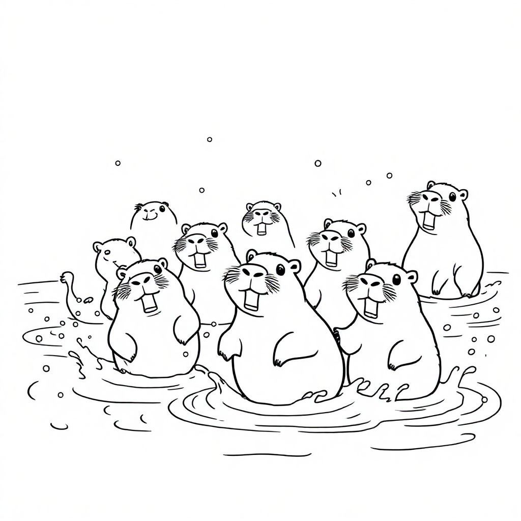 Many cappybaras are playing in the water.