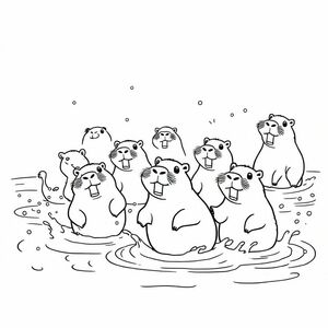 Many cappybaras are playing in the water.