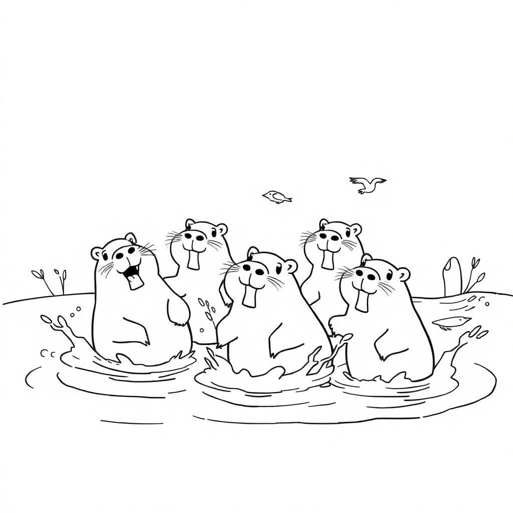 Many cappybaras are playing in the water with the labubu
