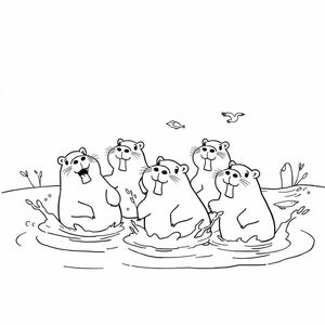 Many cappybaras are playing in the water with the labubu