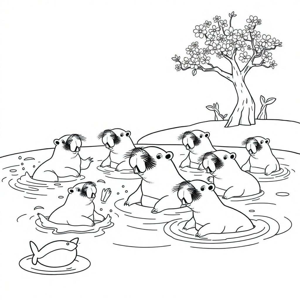 Many cappybara are playing in the water with the labubu. playing in the big pond. quang is the flower tree
