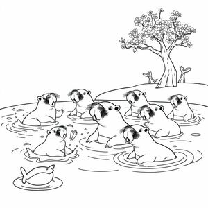 Many cappybara are playing in the water with the labubu. playing in the big pond. quang is the flower tree