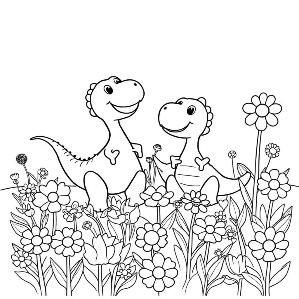 Two dinosaurs are playing with their mother on the flower field.