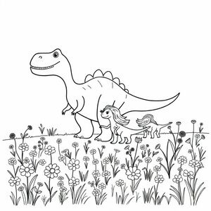 A dinosaur family playing including mom, dad, and two sisters with mom on a beautiful wildflower field