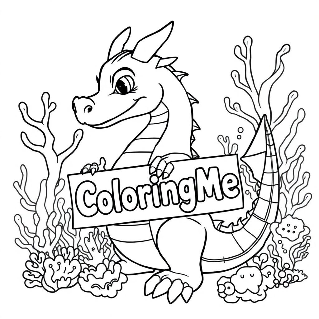 A profile view of a friendly dragon, holding a sign with "ColoringMe" written in white bubble letters, in profile, in a underwater coral reef kingdom, surrealist style