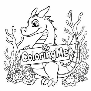 A profile view of a friendly dragon, holding a sign with "ColoringMe" written in white bubble letters, in profile, in a underwater coral reef kingdom, surrealist style