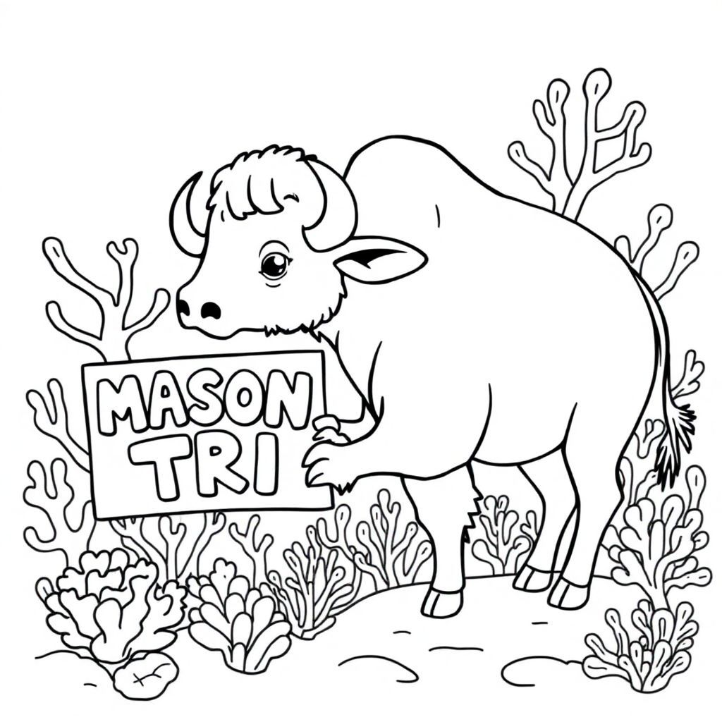 A profile view of a friendly buffalo, holding a sign with "MASON TRI" written in white bubble letters, in profile, in a underwater coral reef kingdom, surrealist style