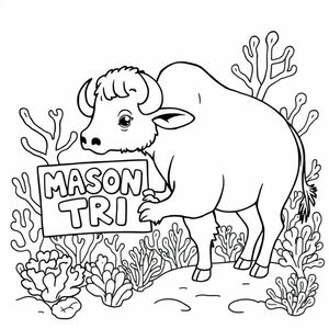 A profile view of a friendly buffalo, holding a sign with "MASON TRI" written in white bubble letters, in profile, in a underwater coral reef kingdom, surrealist style
