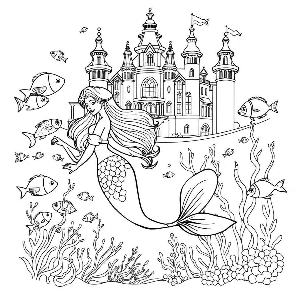 A beautiful mermaid is swimming in the ocean with a school of shimmering fish, behind which is a magnificent aquarium
