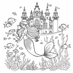 A beautiful mermaid is swimming in the ocean with a school of shimmering fish, behind which is a magnificent aquarium