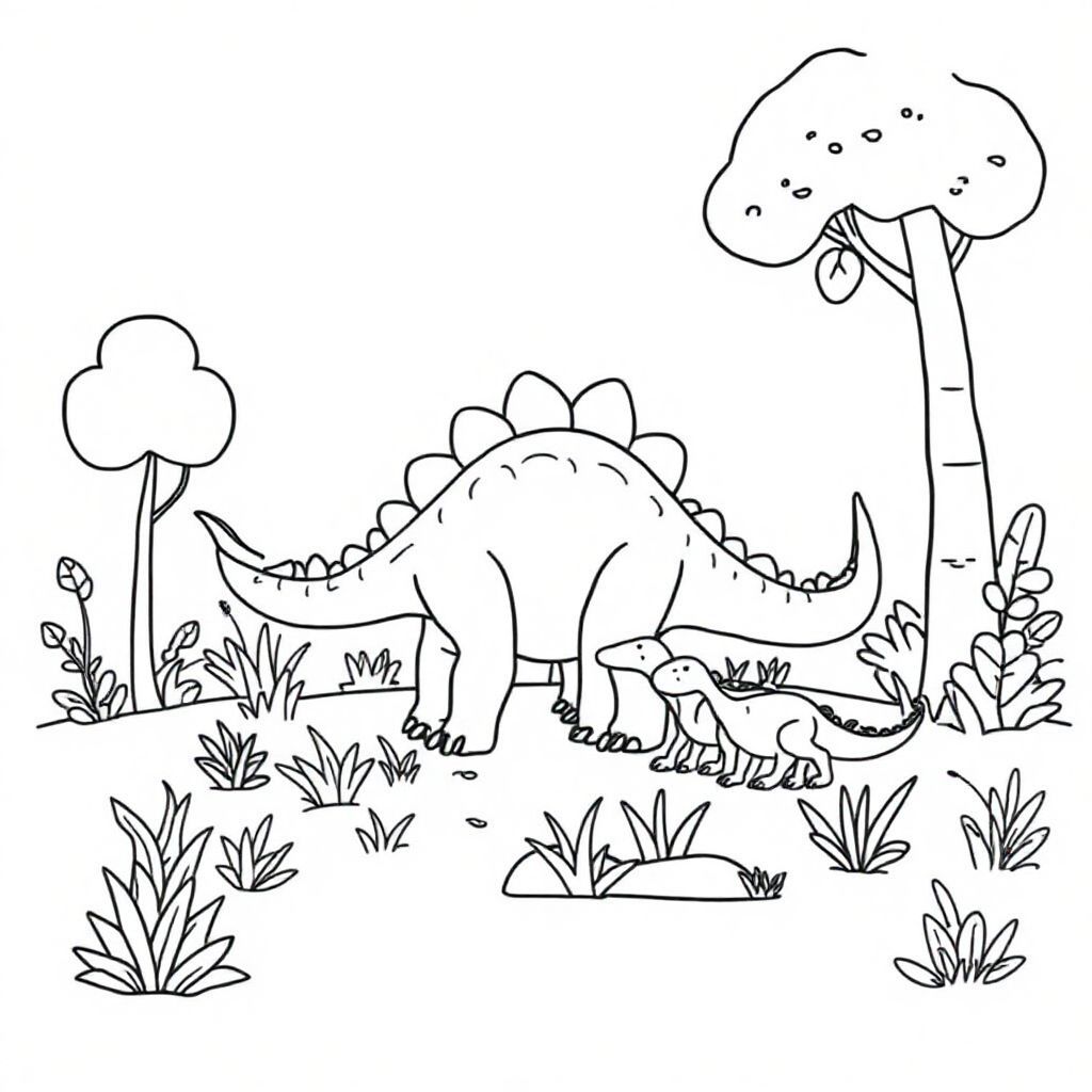 create a simple colorful coloring image. with a dinosaur family in the forest. eating grass