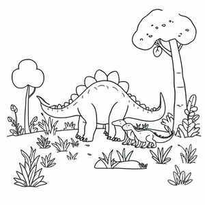 create a simple colorful coloring image. with a dinosaur family in the forest. eating grass