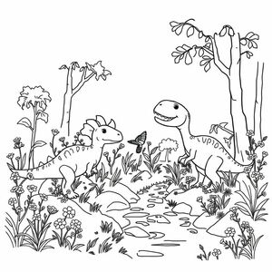 Tạo một hình ảnh tô màu đầy màu sắc đơn giản. với một gia đình khủng long trong rừng. ăn cỏ. với hoa dại. dòng