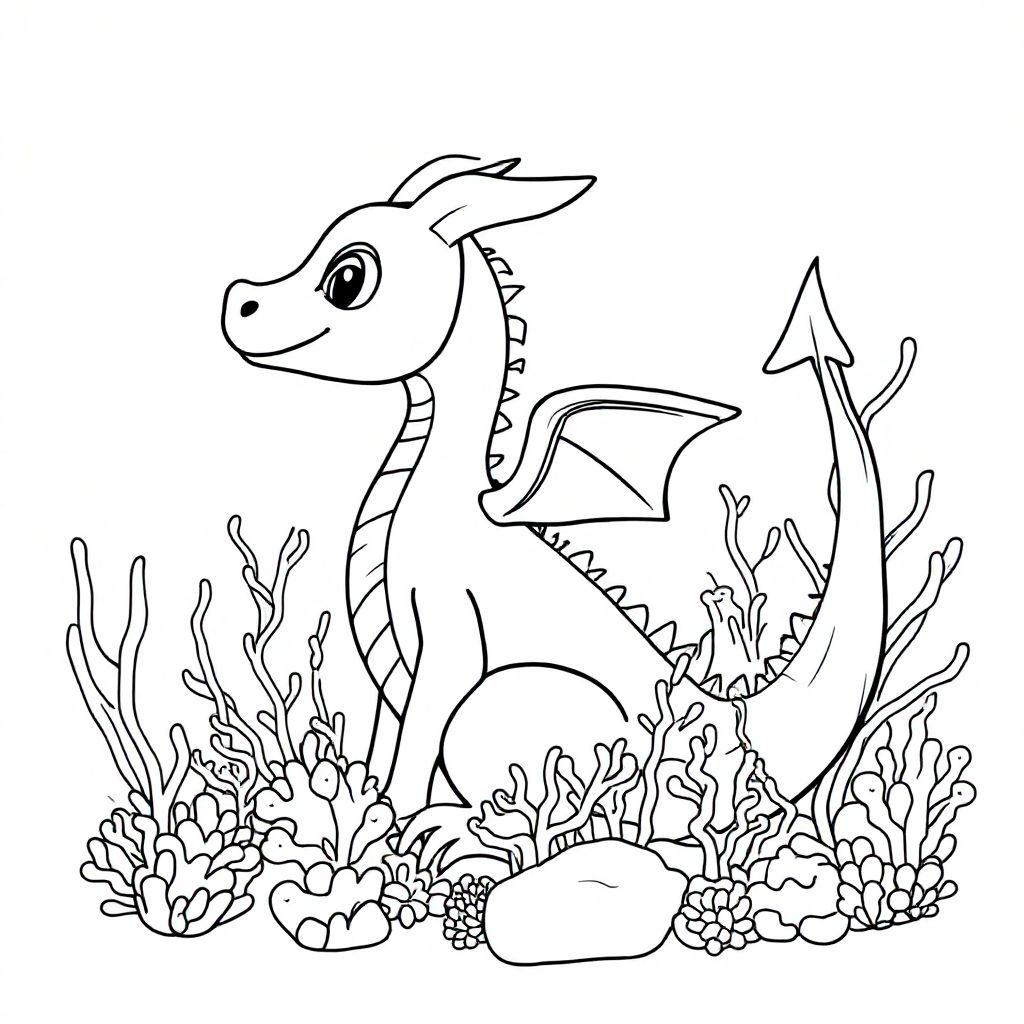 A profile view of a friendly dragon, in profile, in a underwater coral reef kingdom, surrealist style