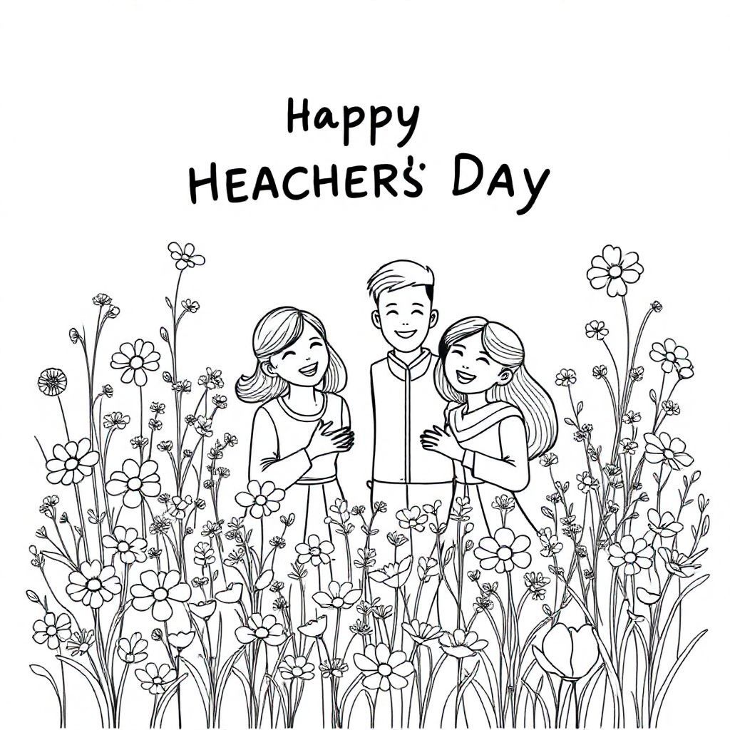 create a simple sharp coloring image. a greeting card for Vietnamese teachers' day. with wild flowers and grasses. simple. with teachers and friends