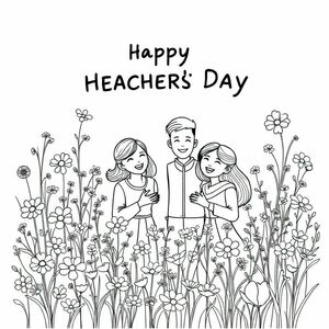 create a simple sharp coloring image. a greeting card for Vietnamese teachers' day. with wild flowers and grasses. simple. with teachers and friends