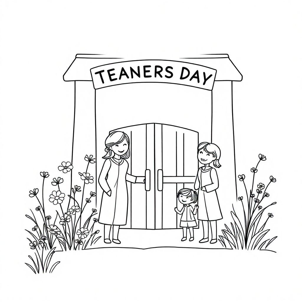 Tạo một hình ảnh tô màu sắc nét đơn giản. thiệp chúc mừng ngày Nhà giáo Việt Nam. với hoa dại và cỏ. giản dị. với thầy cô và bạn bè. Trong một cánh cổng trường đẹp