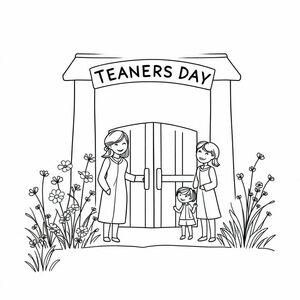 Tạo một hình ảnh tô màu sắc nét đơn giản. thiệp chúc mừng ngày Nhà giáo Việt Nam. với hoa dại và cỏ. giản dị. với thầy cô và bạn bè. Trong một cánh cổng trường đẹp