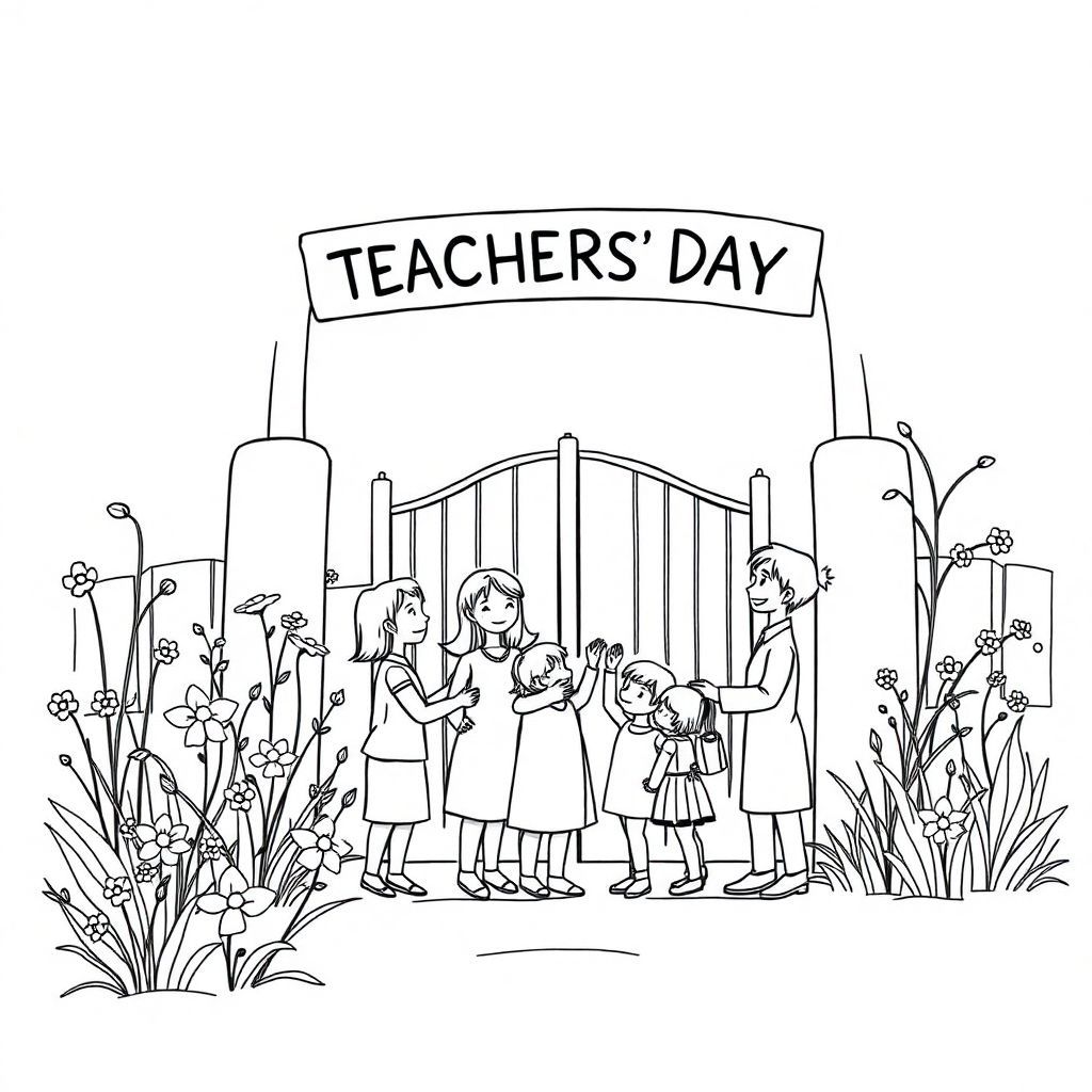 create a super imaginative sharp coloring image. a greeting card for Vietnamese teachers' day. with wild flowers and grasses. simple. with teachers and friends. in a beautiful school gate